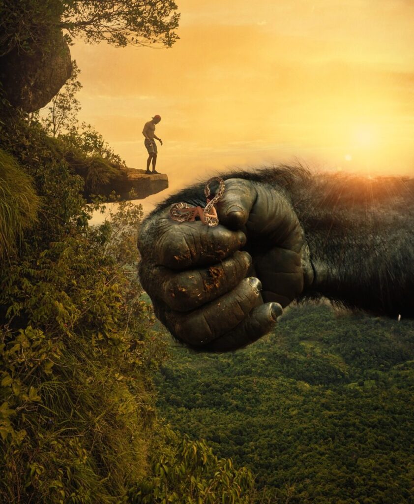giant gorilla, king kong, nature, adventures, landscape, jungle, sunset, cliff, poster, movie, fantasy, people, height, high point, beast, men, captive woman